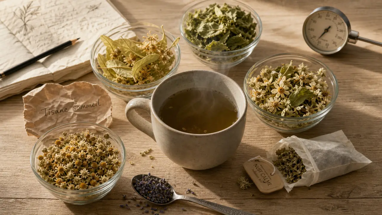 Tisane sommeil profond camomille tilleul passiflore, tasse fumante et herbes