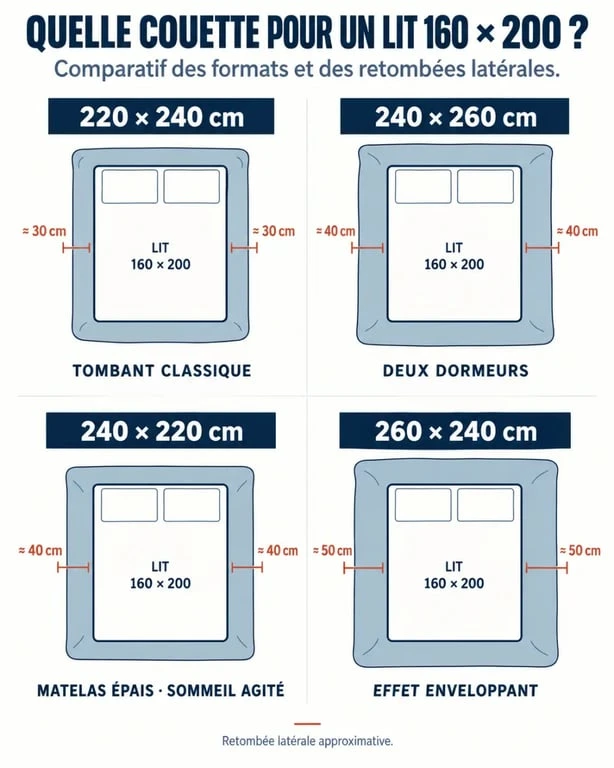 Infographie pour choisir une couette pour lit 160x200 selon le format et la retombée