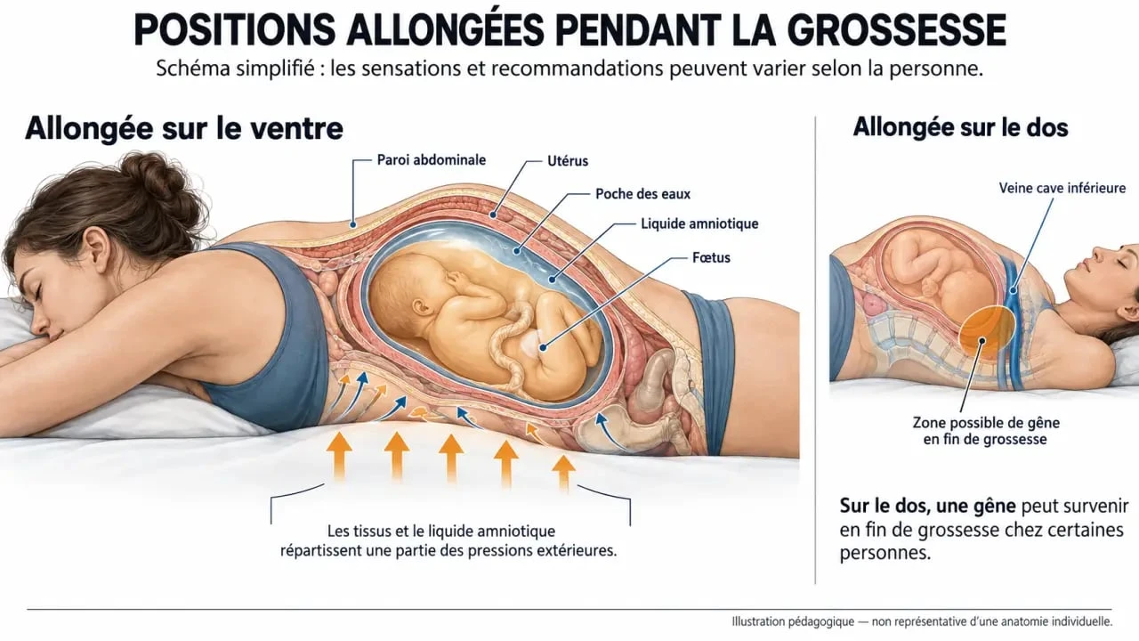 Schéma expliquant pourquoi dormir sur le ventre enceinte ne comprime généralement pas le bébé