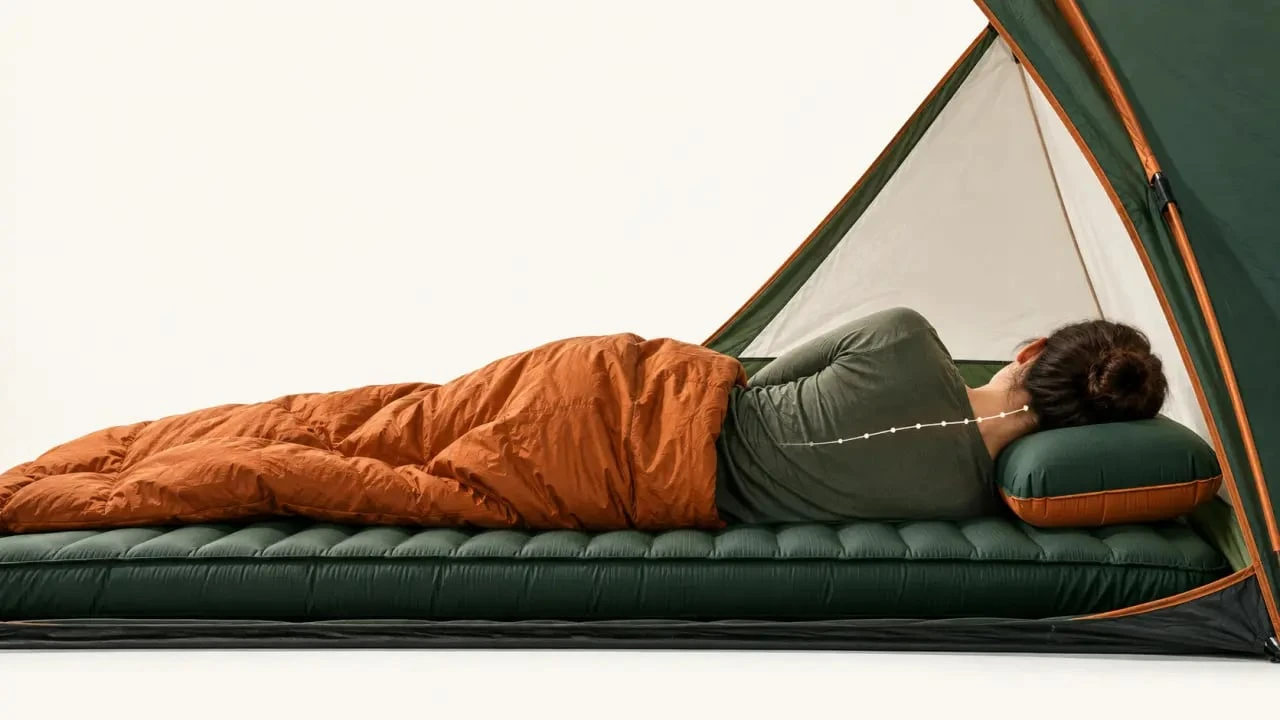 Oreiller gonflable utilisé sur un matelas de camping dans une tente