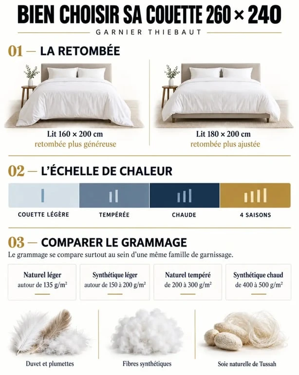 Infographie sur la couette 260x240 Garnier Thiebaut, les retombées selon la taille du lit et les niveaux de chaleur