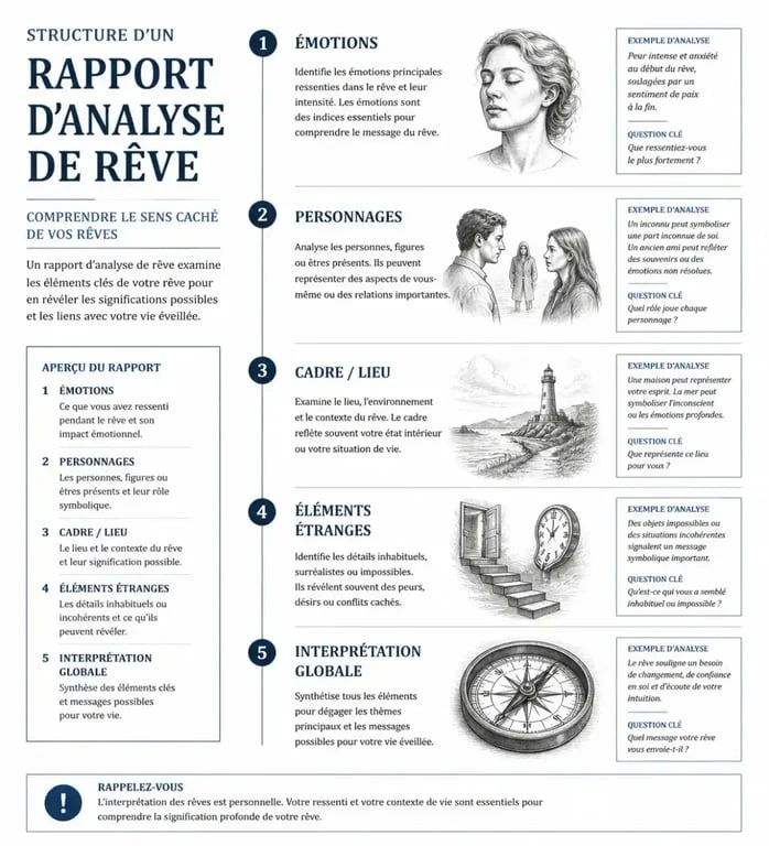 Guide visuel pour structurer et analyser le contenu d'un rêve pour une interprétation gratuite de vos rêves