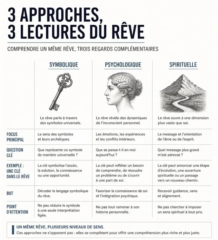 Infographie comparant les approches symbolique, psychologique et spirituelle pour une interprétation gratuite de vos rêves