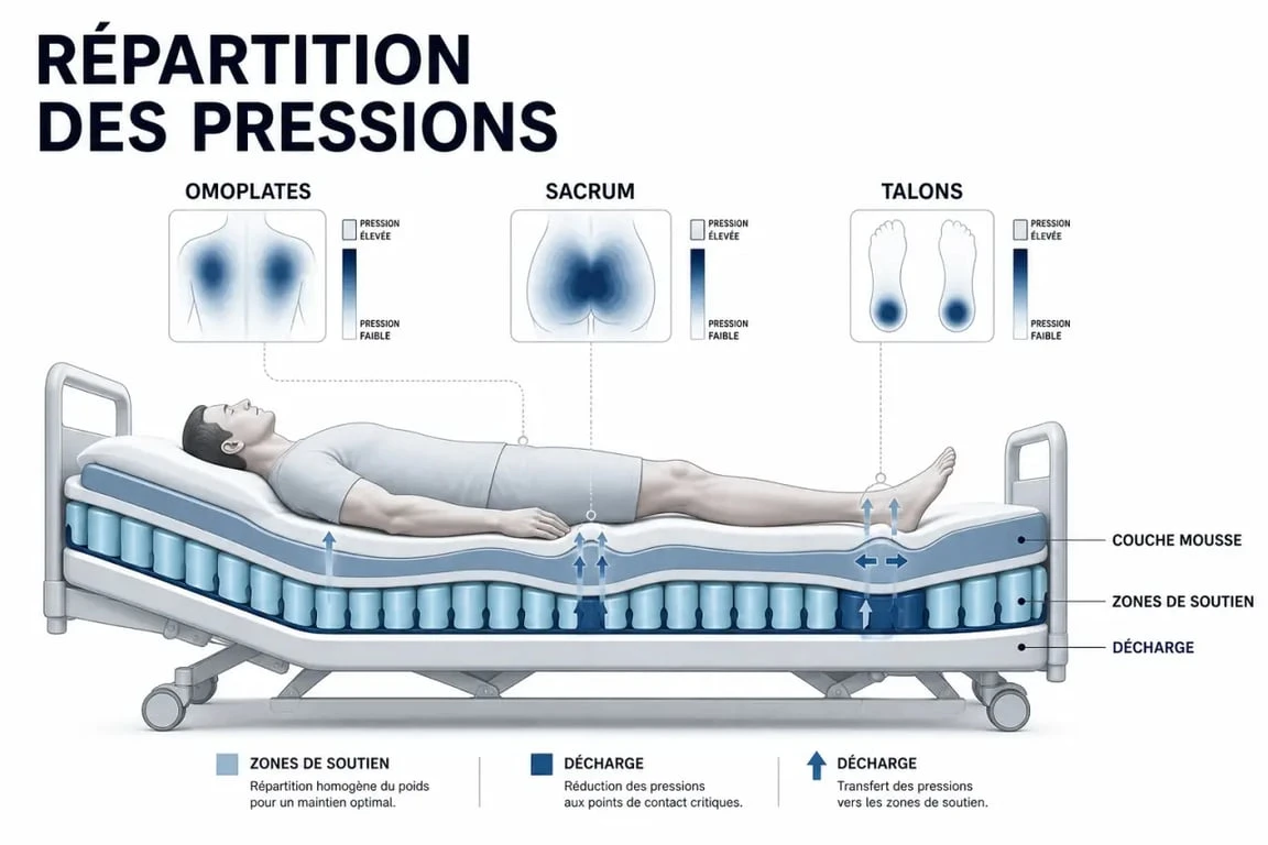 Fiche technique matelas anti-escarre Comfortbed Medical : schéma de répartition des pressions sur un lit médicalisé