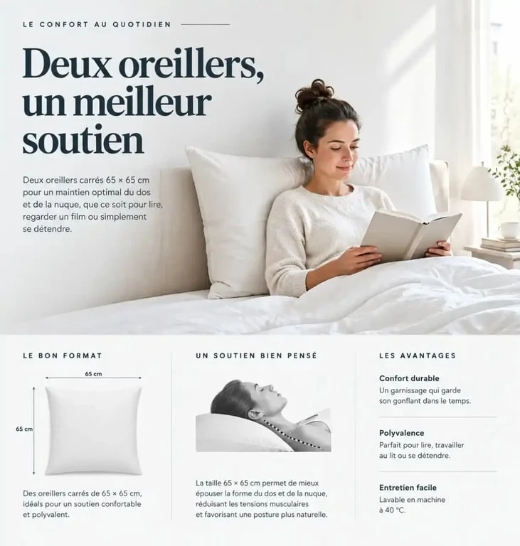 Utilisation d'un oreiller 65x65 cm pour la lecture et l'adossement dans un lit
