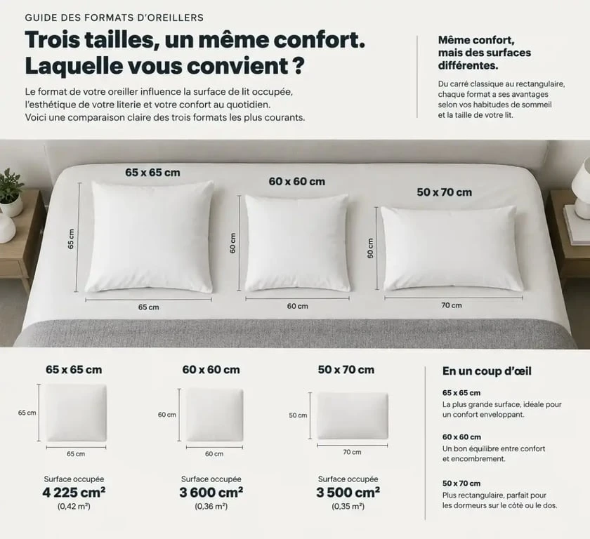 Comparatif des dimensions d'oreiller 65x65 cm, 60x60 cm et 50x70 cm pour choisir son oreiller