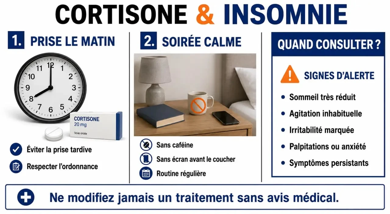 Cortisone et insomnie que faire : infographie sur la prise le matin, les gestes du soir et les signes qui doivent faire consulter