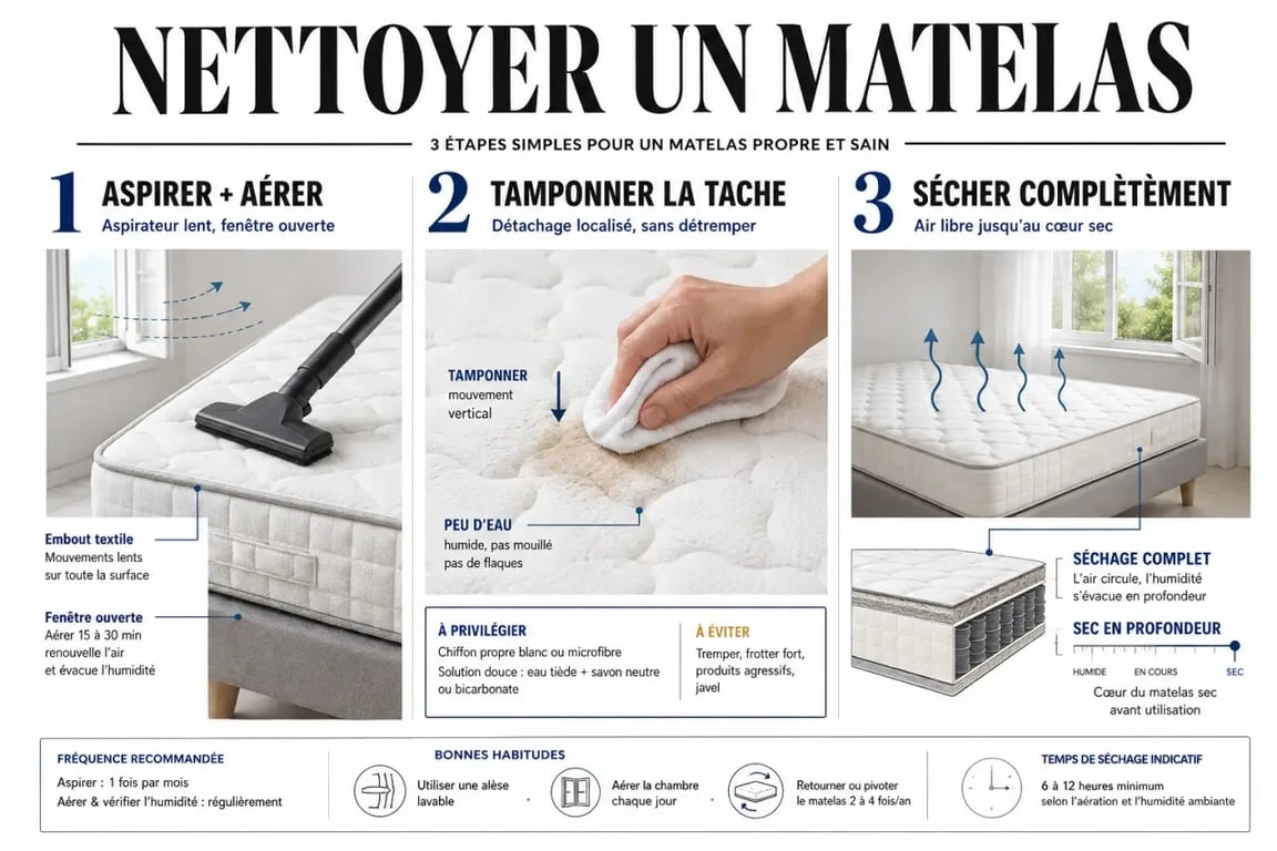 Nettoyage matelas : schéma des étapes pour aspirer, détacher sans détremper et laisser sécher complètement