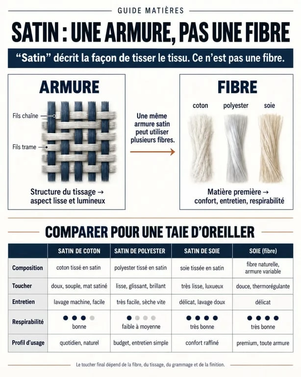 Infographie comparative pour choisir une taie d’oreiller en satin selon la fibre et l’entretien