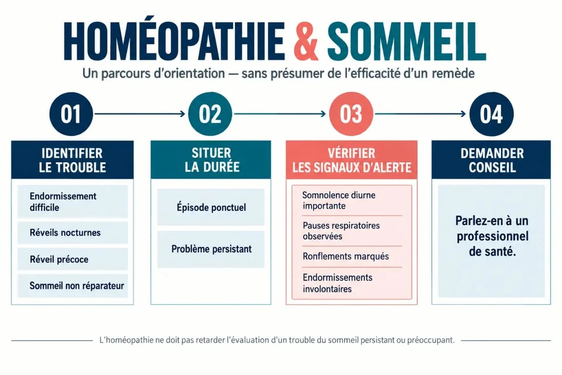 Infographie sur l’homéopathie pour dormir et les signes nécessitant un avis médical