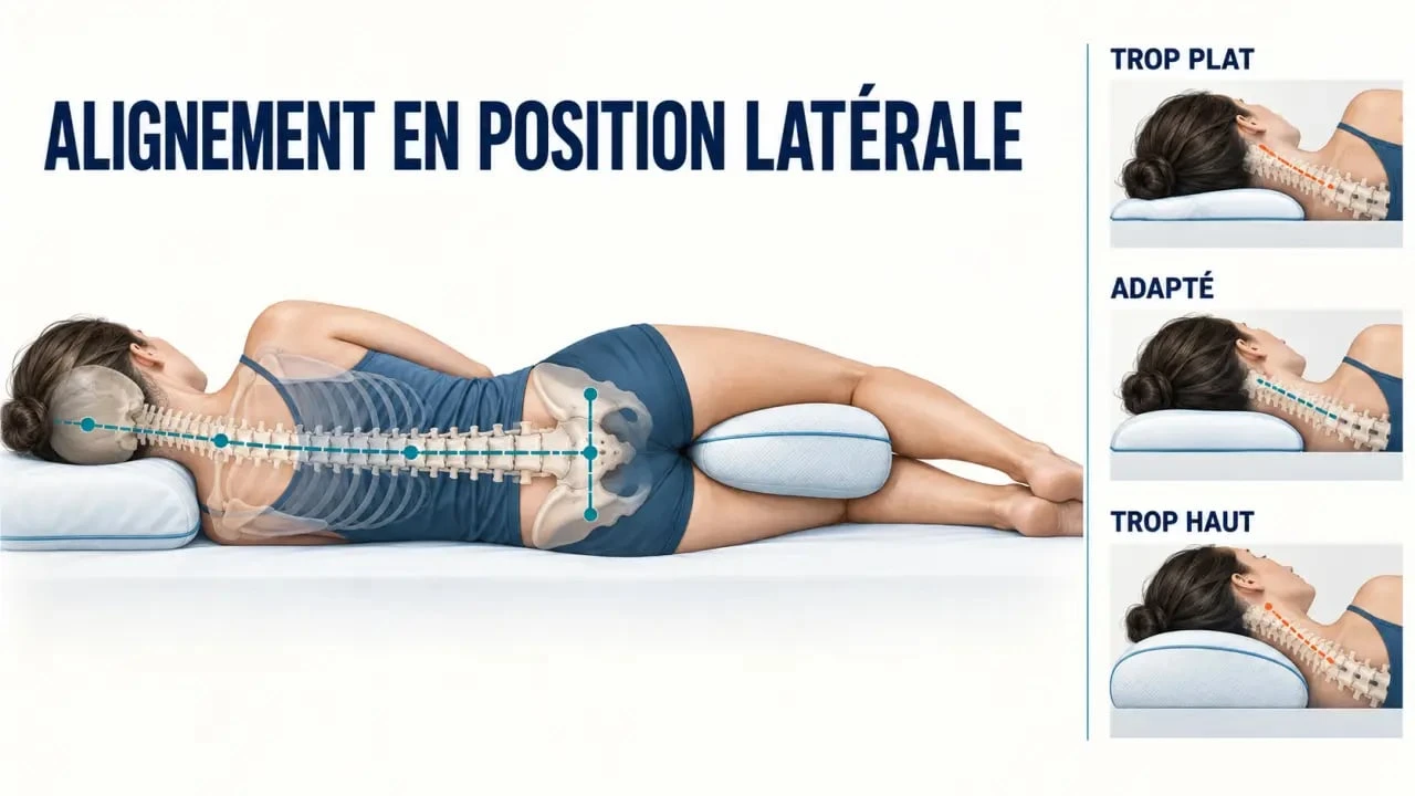 Schéma d’alignement avec un oreiller pour dormir sur le côté et un coussin entre les genoux
