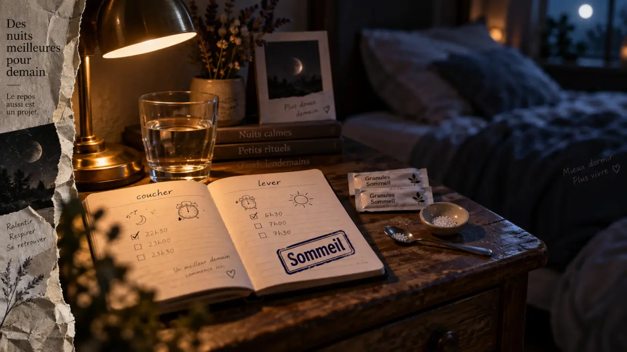 Homéopathie pour dormir : granules et carnet de sommeil sur table de chevet