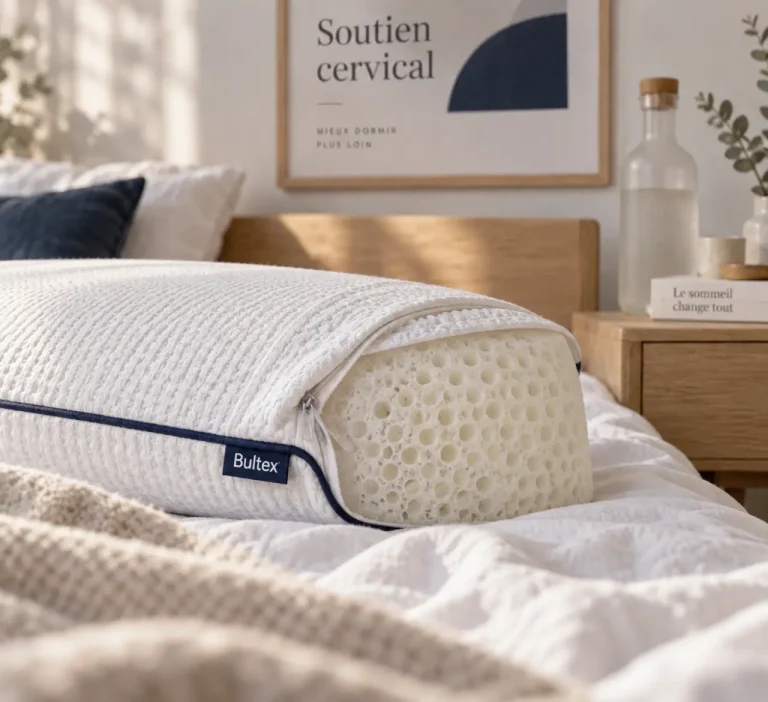 Oreiller bultex sur lit, zoom mousse alvéolaire et housse déhoussable