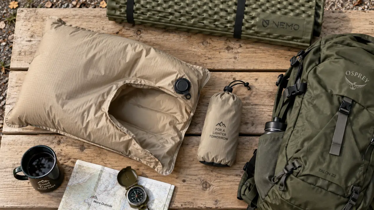Oreiller gonflable camping compact sur table, dégonflé, housse et sac à dos