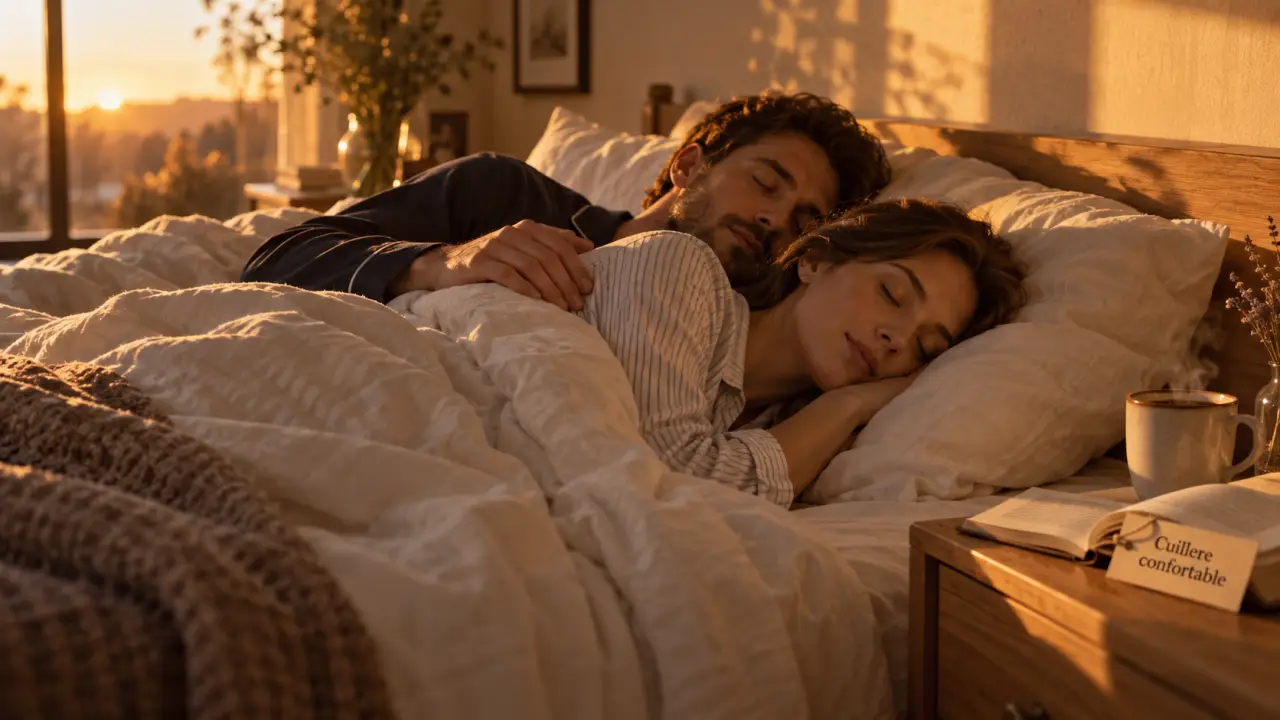 Dormir en cuillère : deux silhouettes au lit, proximité