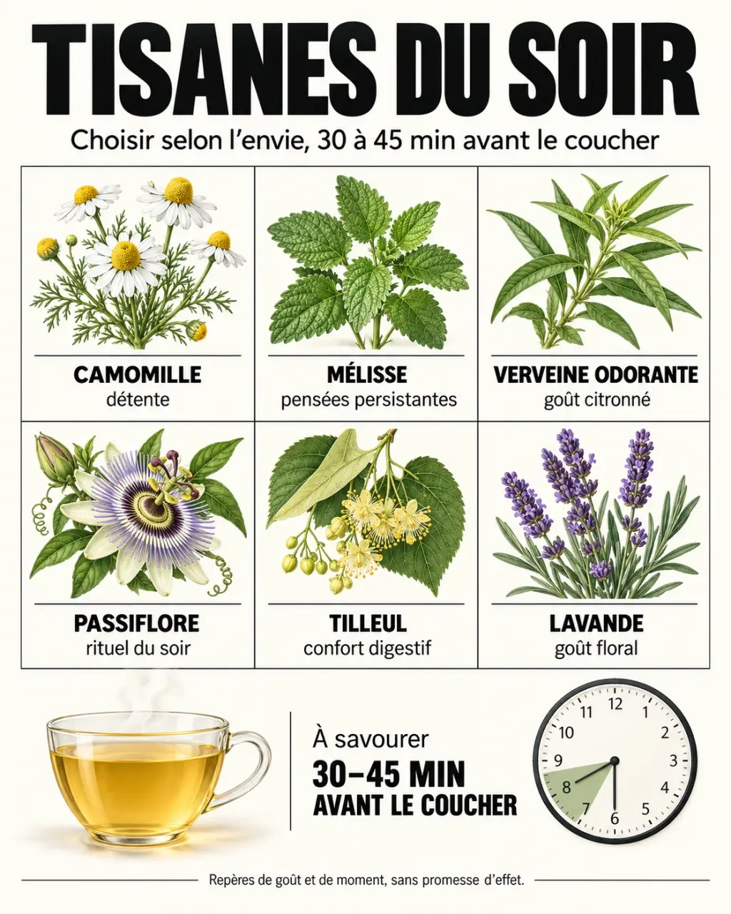 Visuel comparatif des plantes pour une tisane pour dormir et du moment idéal de consommation