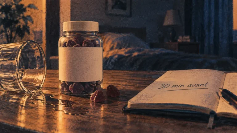 Gummies pour dormir sur table, 30 min avant, verre d’eau renversé