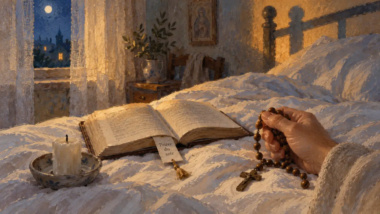 Prière du soir pour dormir : livre, bougie et chapelet sur le lit