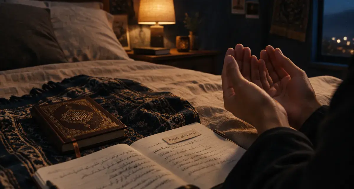 Sourates pour dormir : mains en du‘a près d’un Coran, tapis de prière et carnet Ayat al-Kursi
