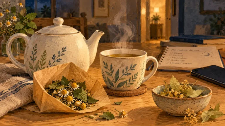 Tisane pour dormir : mélisse, camomille et tilleul dans une tasse fumante